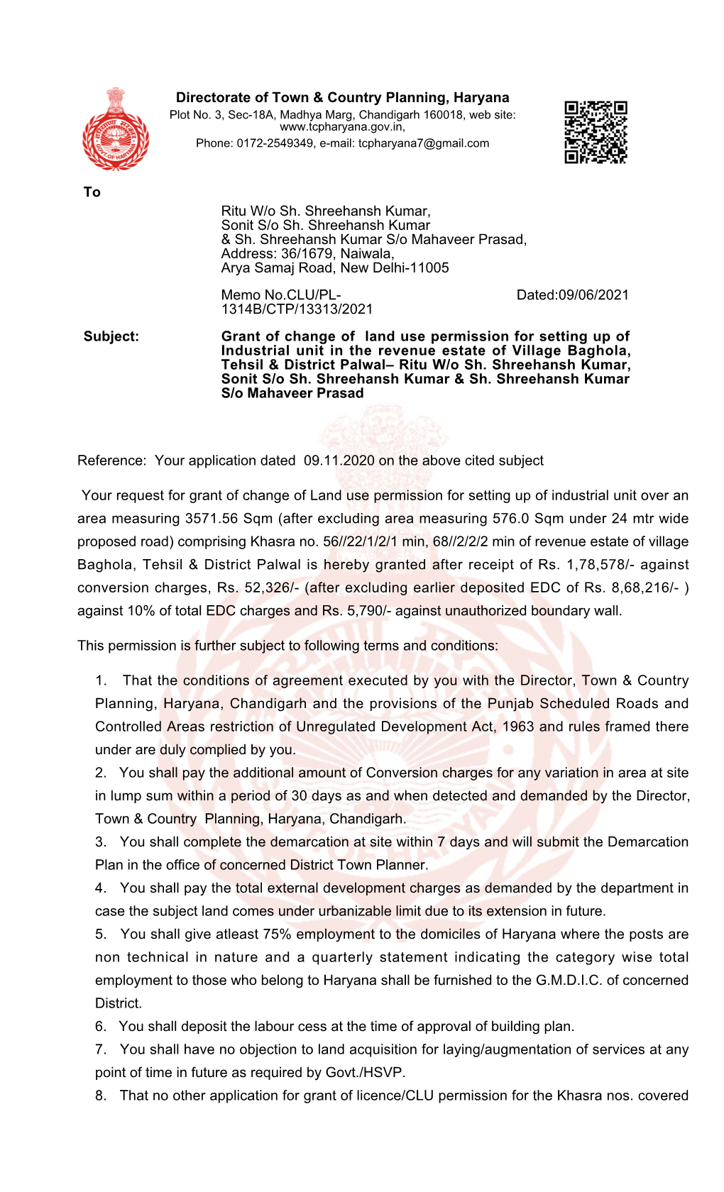 Reference: Your Application Dated 09.11.2020 on the Above Cited Subject Your Request for Grant of Change of Land Use Permissio