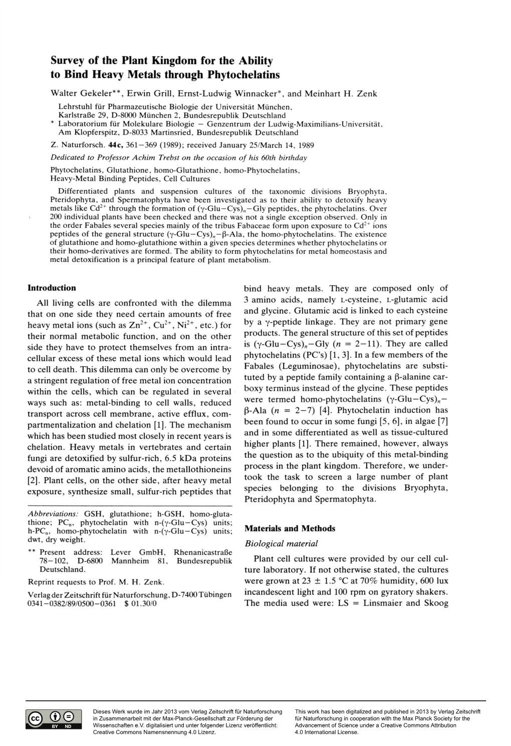 Survey of the Plant Kingdom for the Ability to Bind Heavy Metals Through Phytochelatins