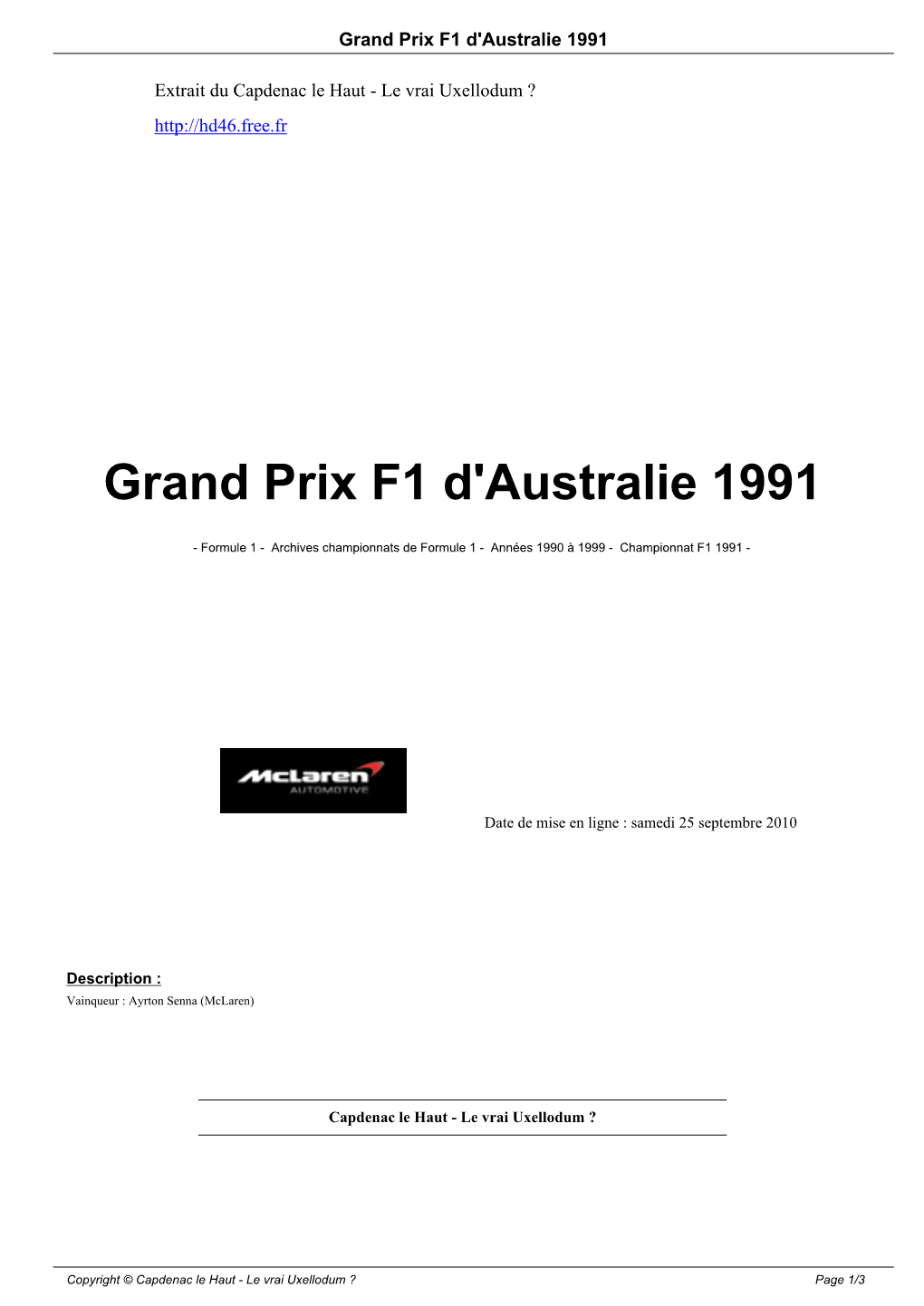 Grand Prix F1 D'australie 1991