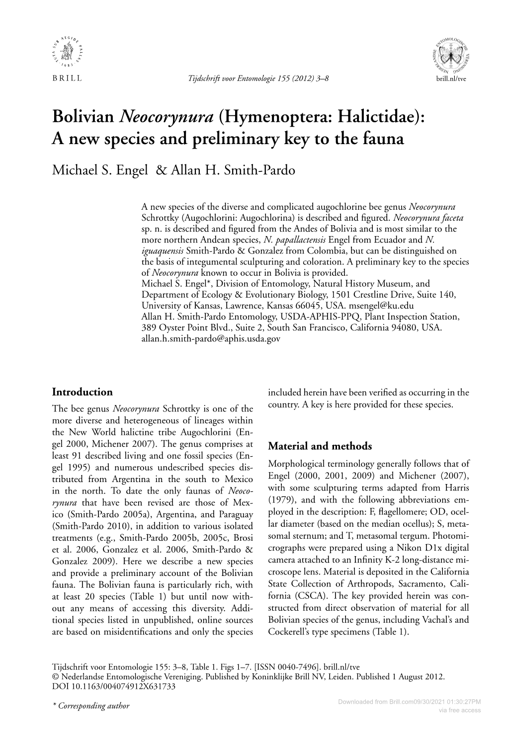 Hymenoptera: Halictidae): a New Species and Preliminary Key to the Fauna Michael S