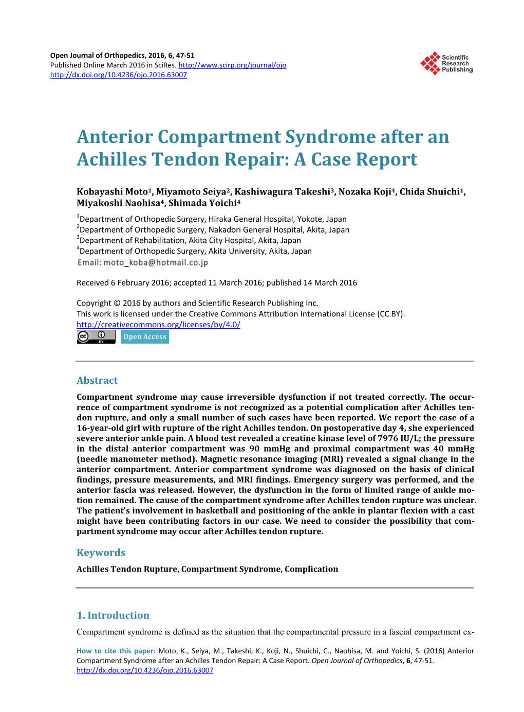 Anterior Compartment Syndrome After an Achilles Tendon Repair: a Case Report