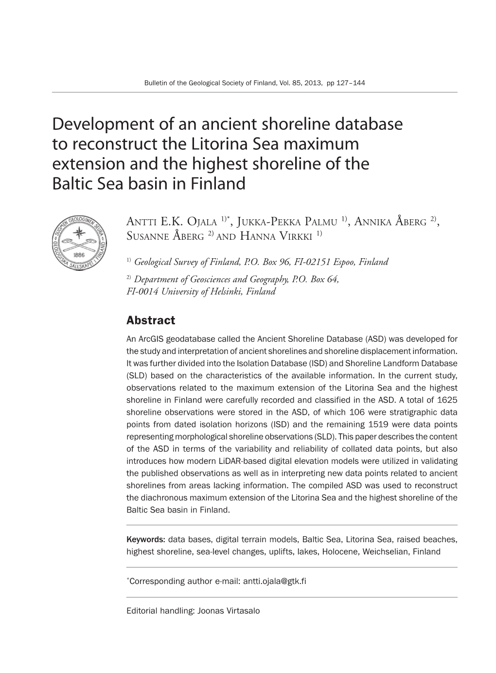 Development of an Ancient Shoreline Database to Reconstruct the Litorina Sea Maximum Extension and the Highest Shoreline of the Baltic Sea Basin in Finland