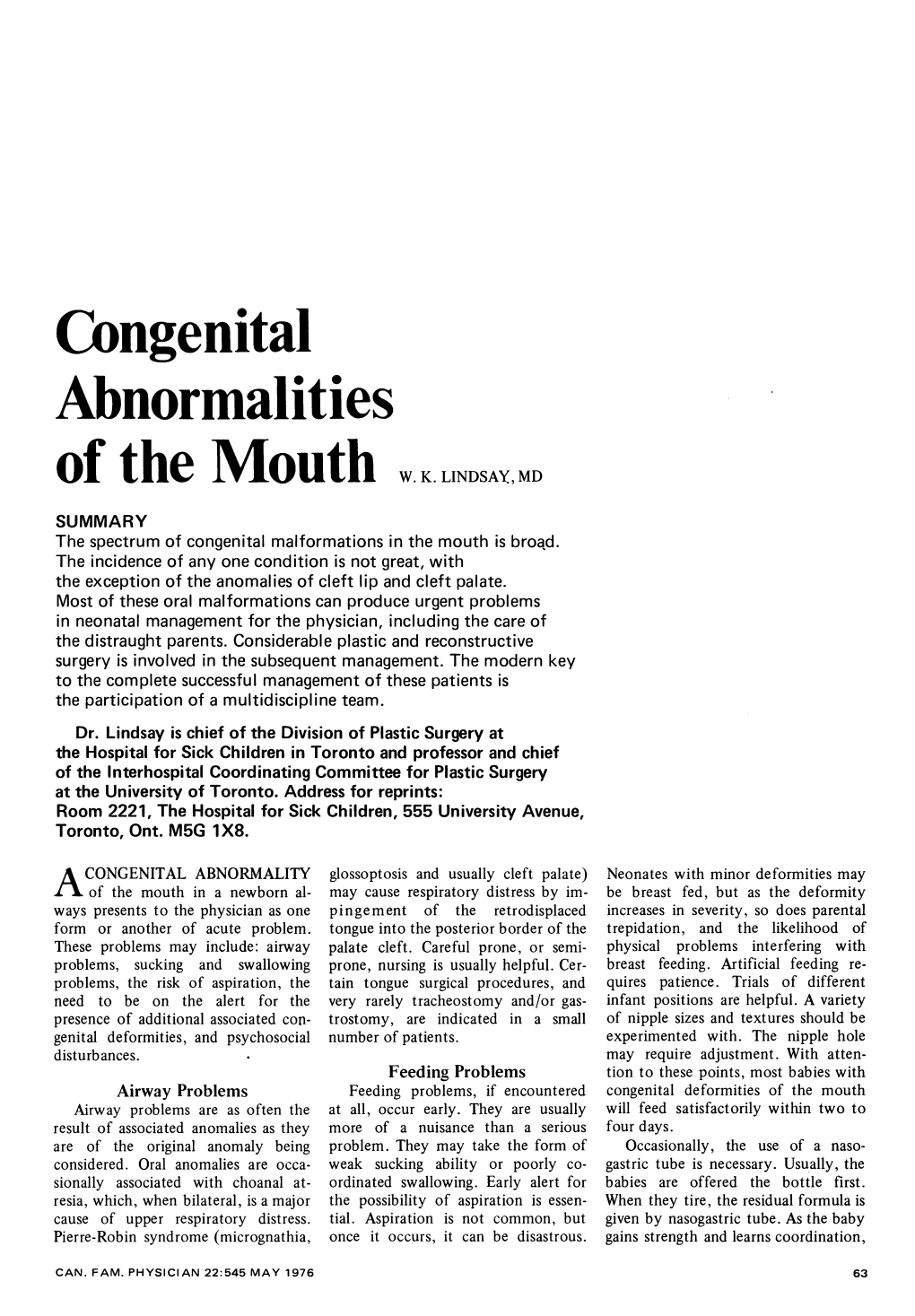 Congenital Abnormalities of the Mouth W