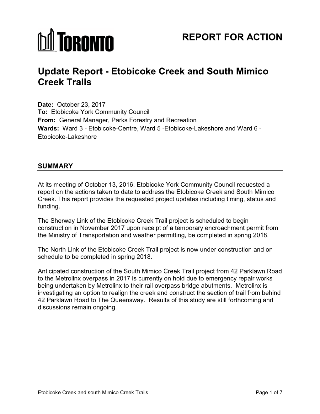 Update Report - Etobicoke Creek and South Mimico Creek Trails