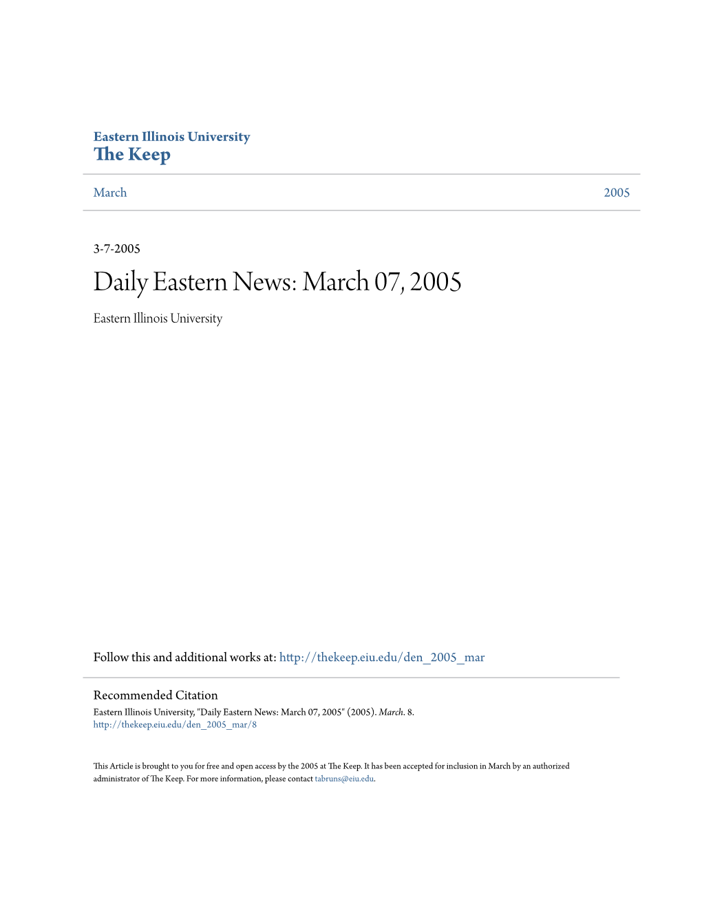 Daily Eastern News: March 07, 2005 Eastern Illinois University