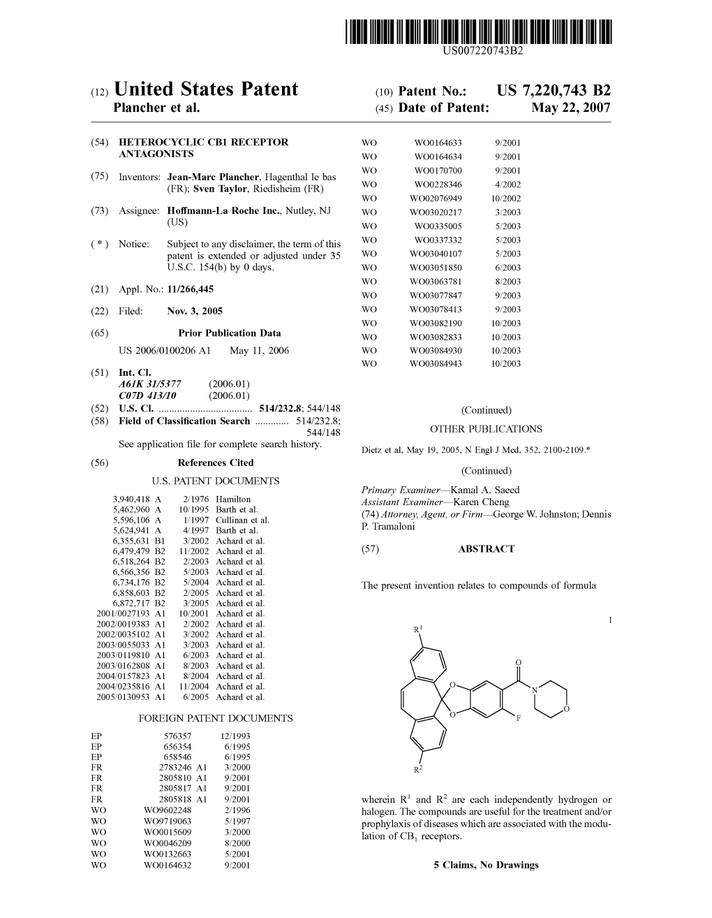 United States Patent (10) Patent No.: US 7,220,743 B2 Plancher Et Al