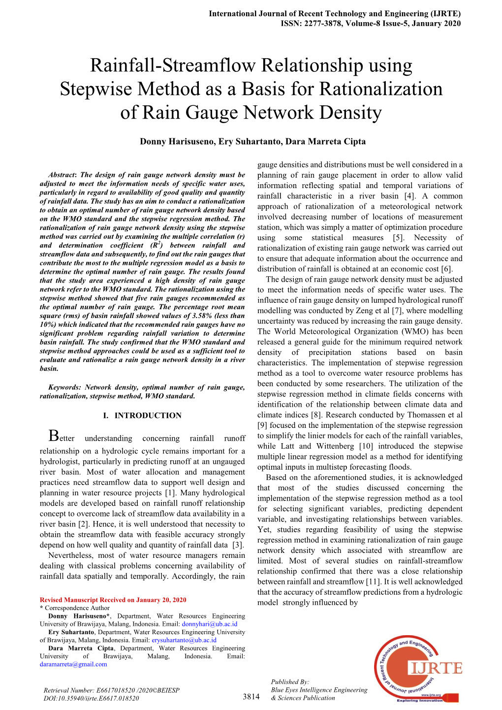 Rainfall-Streamflow Relationship Using Stepwise Method As a Basis for Rationalization of Rain Gauge Network Density