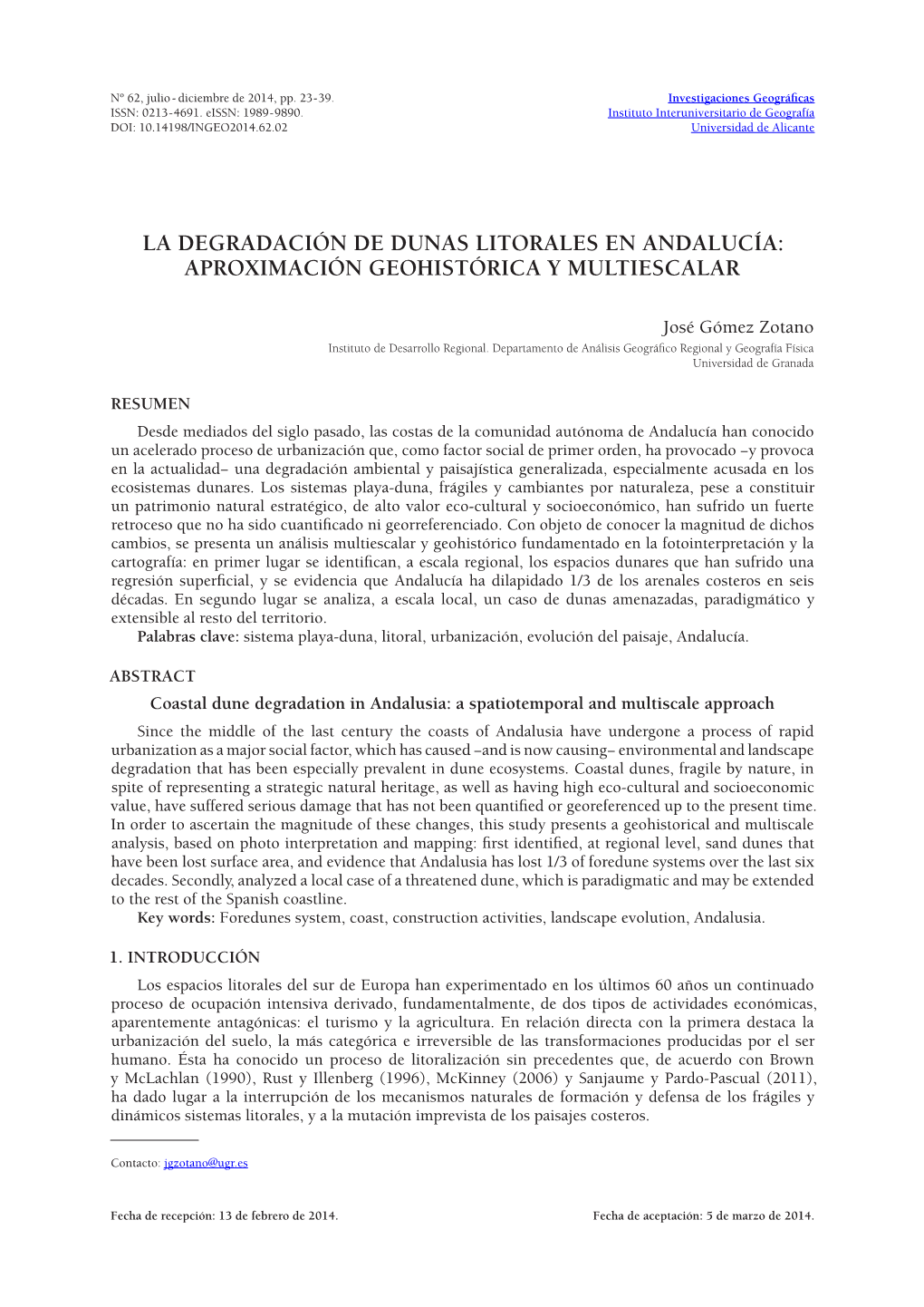 La Degradación De Dunas Litorales En Andalucía: Aproximación Geohistórica Y Multiescalar