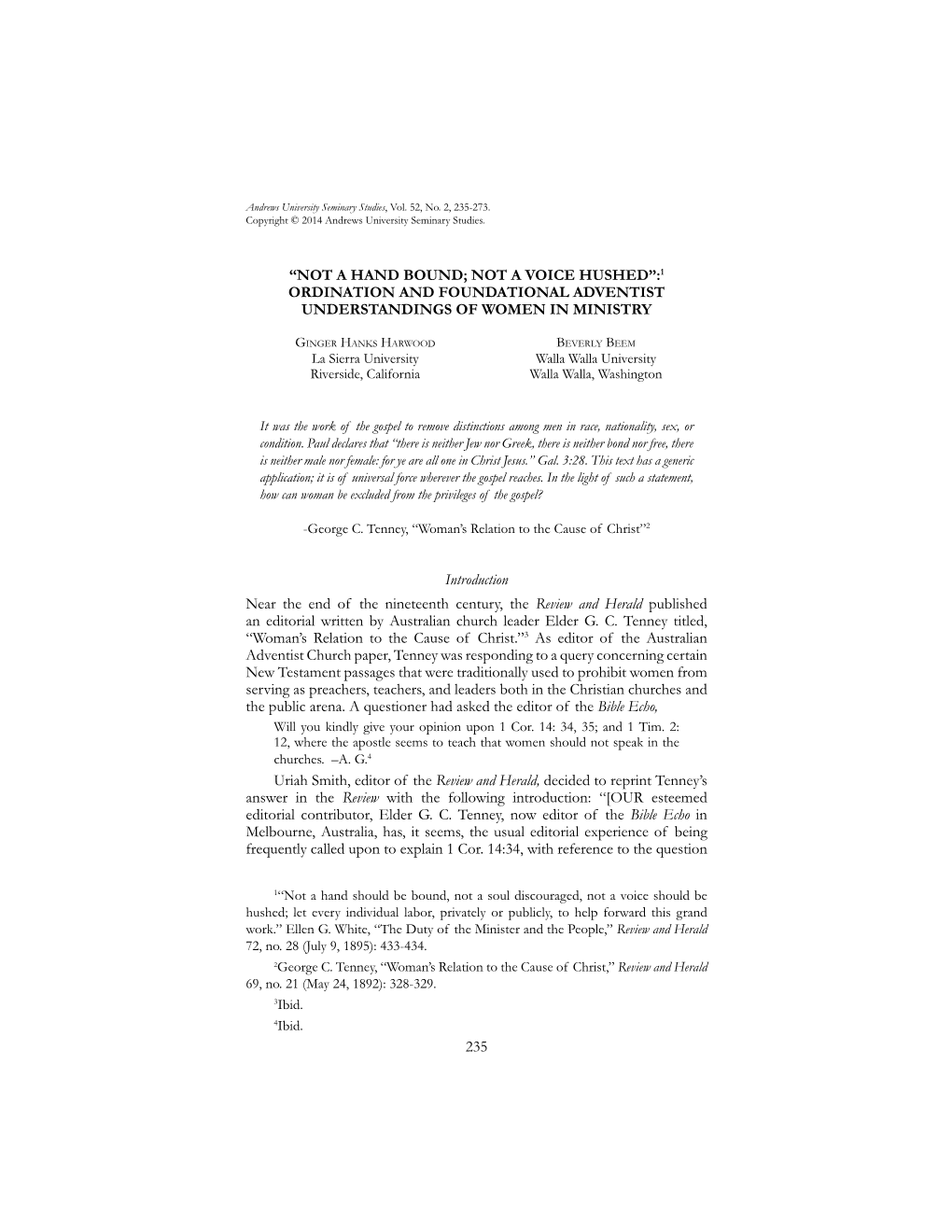 “Not a Hand Bound; Not a Voice Hushed”:1 Ordination and Foundational Adventist Understandings of Women in Ministry