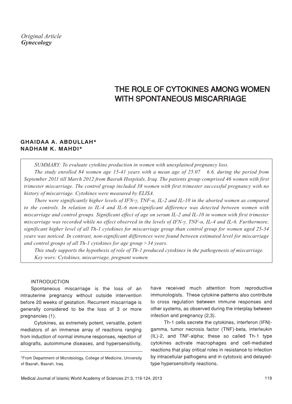 The Role of Cytokines Among Women with Spontaneous Miscarriage