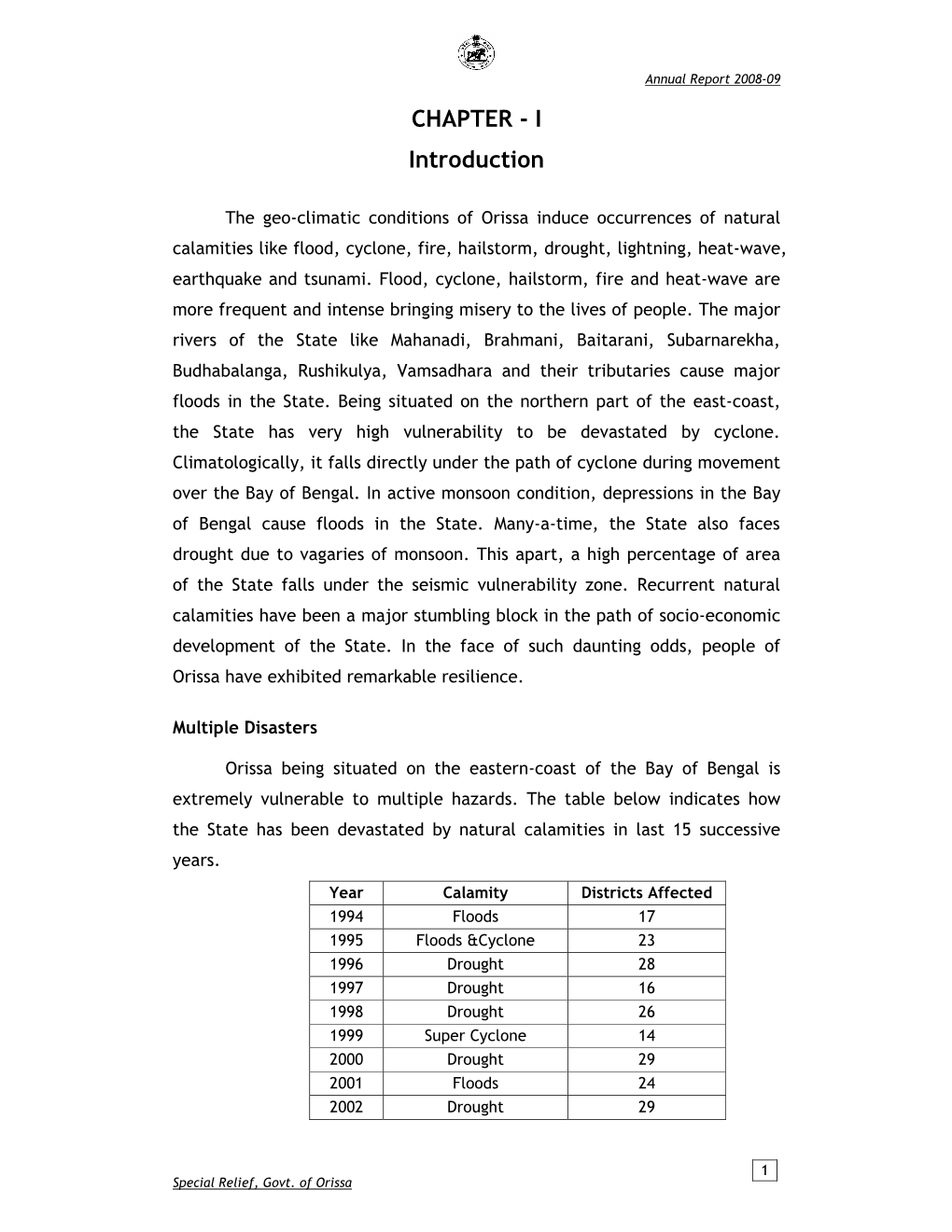 Annual Report 2008-09 CHAPTER - I Introduction