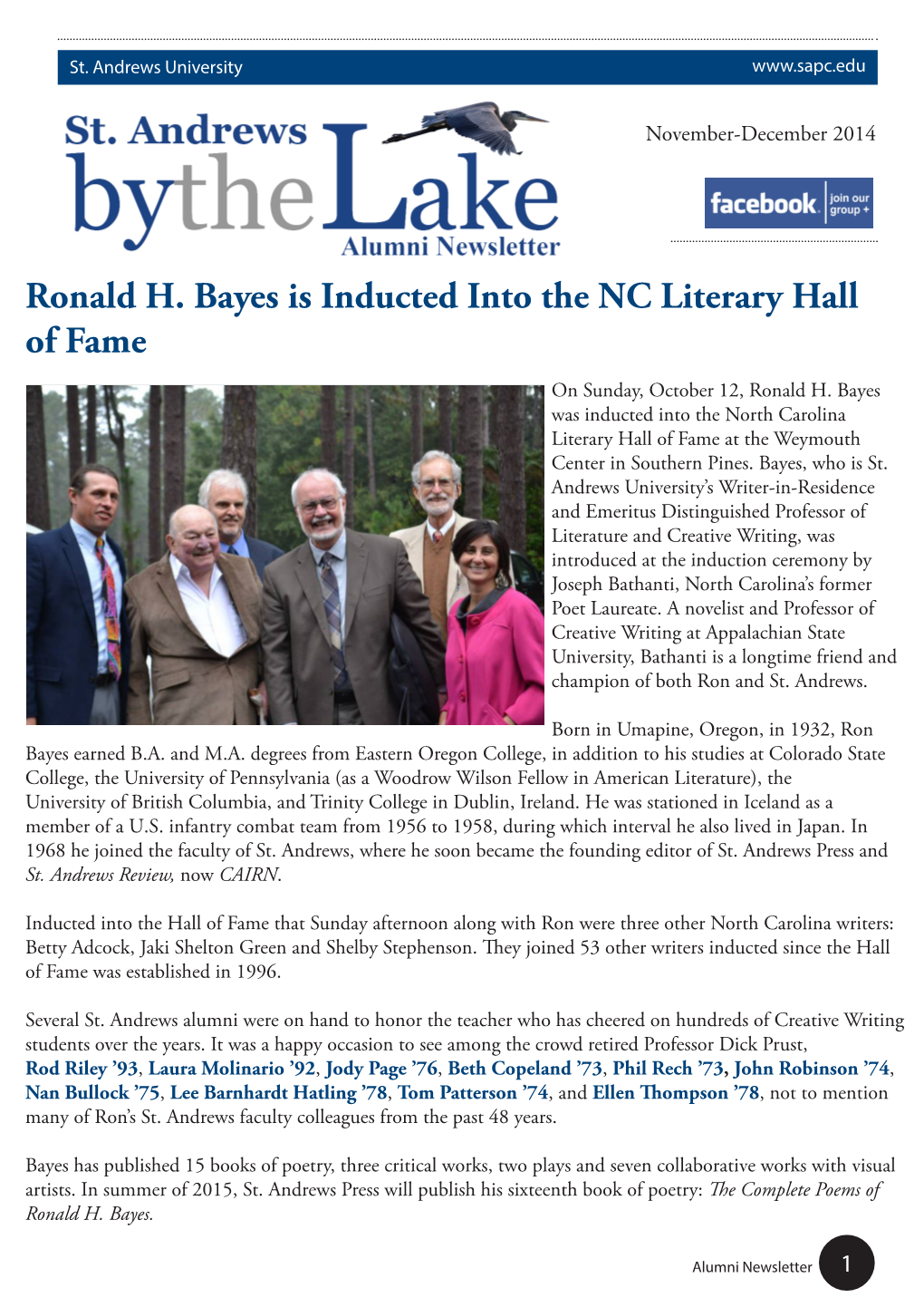 Ronald H. Bayes Is Inducted Into the NC Literary Hall of Fame on Sunday, October 12, Ronald H