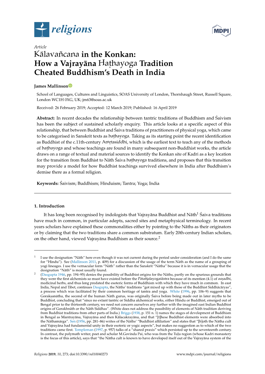 K¯Alavañcana in the Konkan: How a Vajray¯Ana Hat.Hayoga Tradition