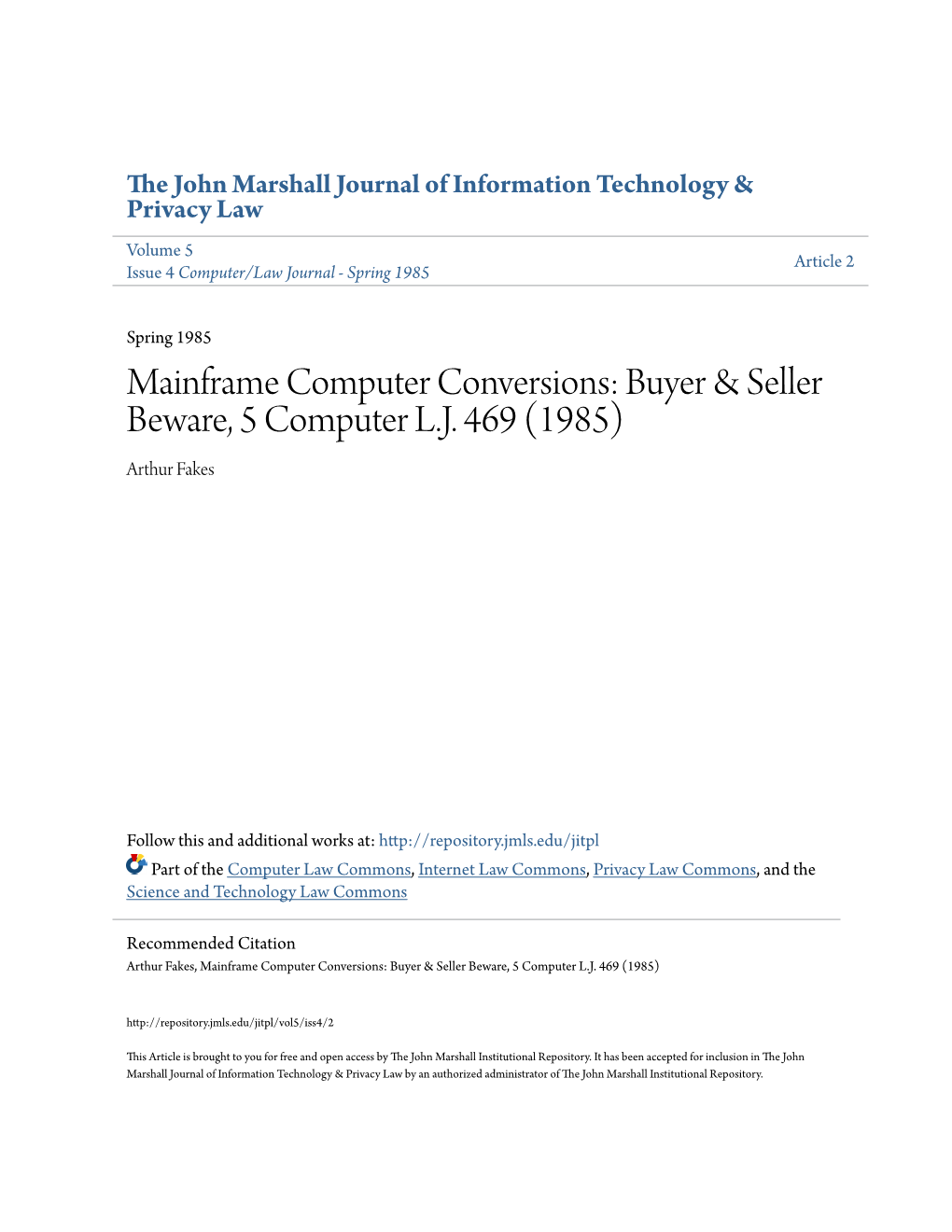 Mainframe Computer Conversions: Buyer & Seller Beware, 5 Computer L.J