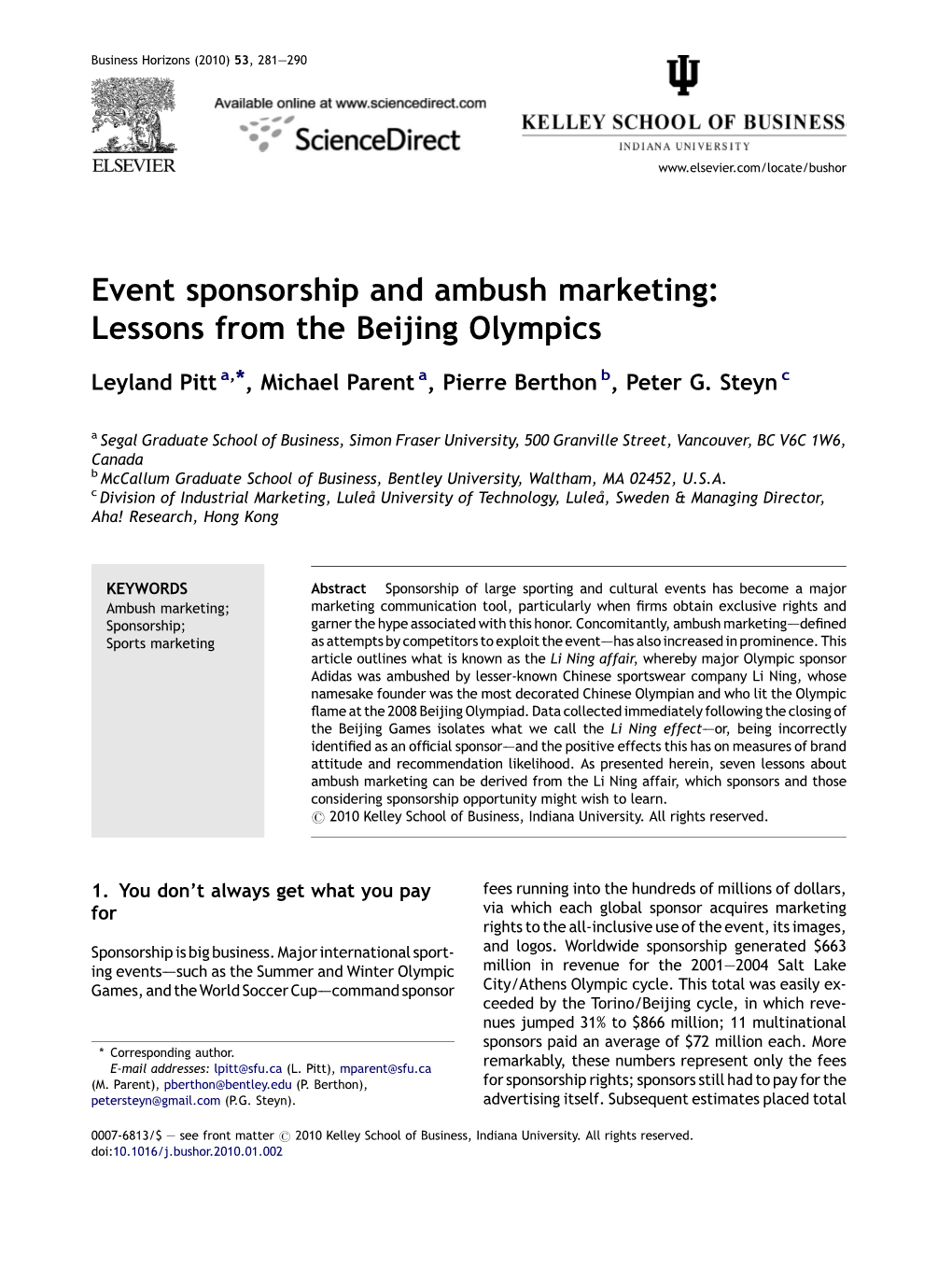 Event Sponsorship and Ambush Marketing: Lessons from the Beijing Olympics