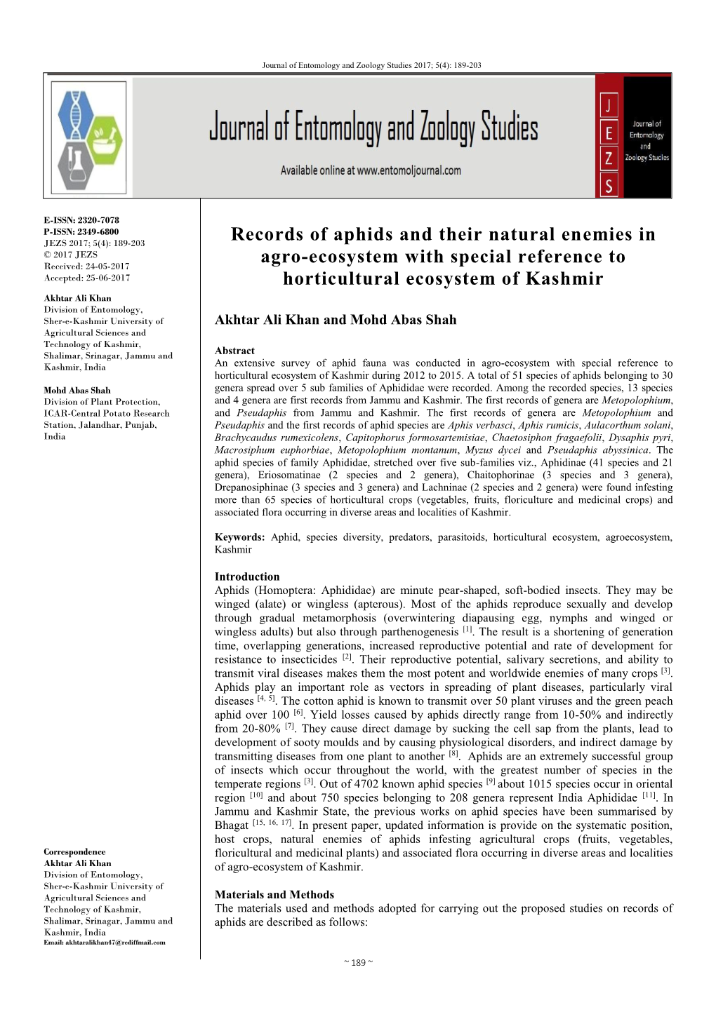 Records of Aphids and Their Natural Enemies in Agro-Ecosystem With