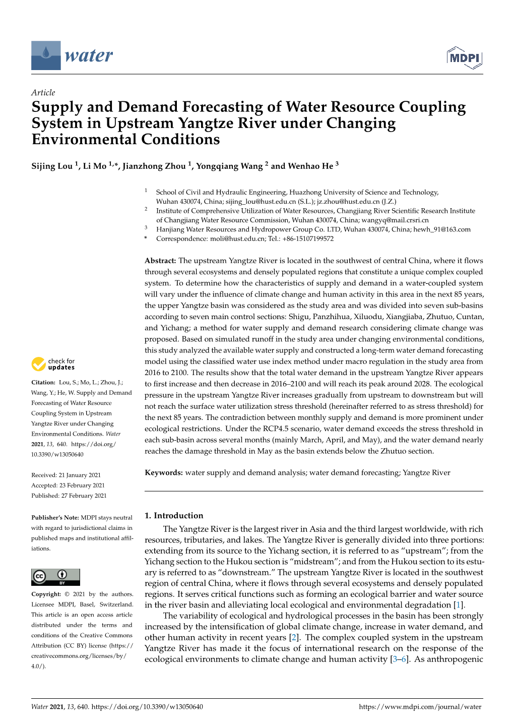Supply and Demand Forecasting of Water Resource Coupling System in Upstream Yangtze River Under Changing Environmental Conditions