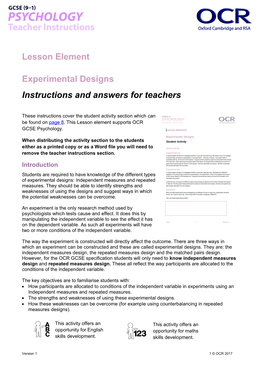 GCSE Psychology Lesson Element (Experimental Designs)