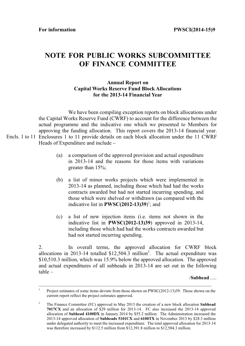 Note for Public Works Subcommittee of Finance Committee