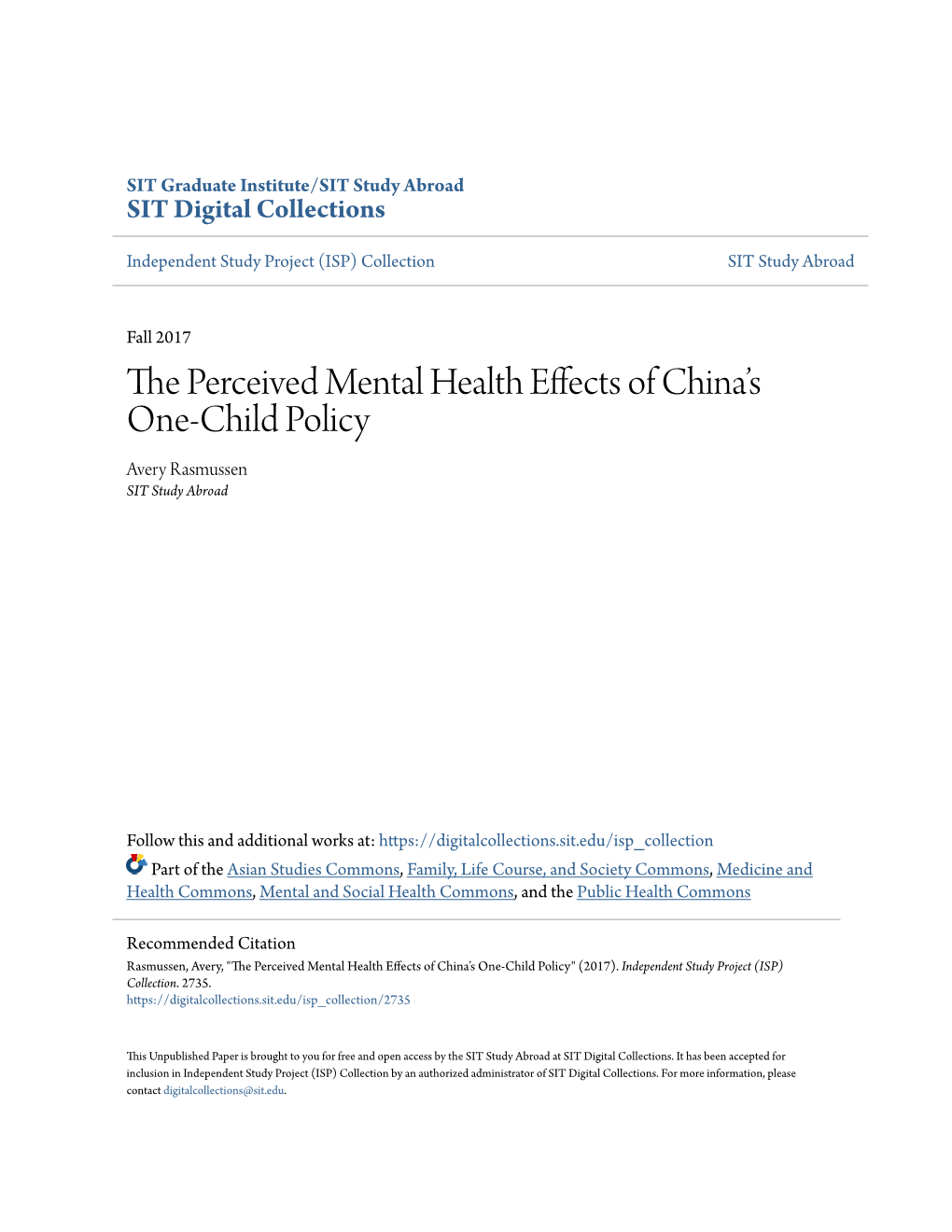 The Perceived Mental Health Effects of China's One-Child Policy