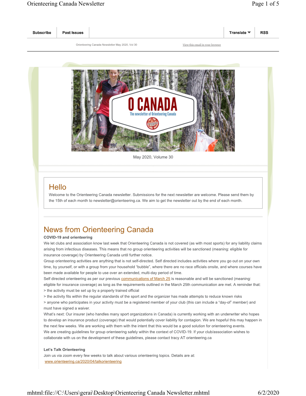 Mhtml:File://C:\Users\Gerai\Desktop\Orienteering Canada Newsletter.Mhtml 6/2/2020 Orienteering Canada Newsletter Page 2 of 5