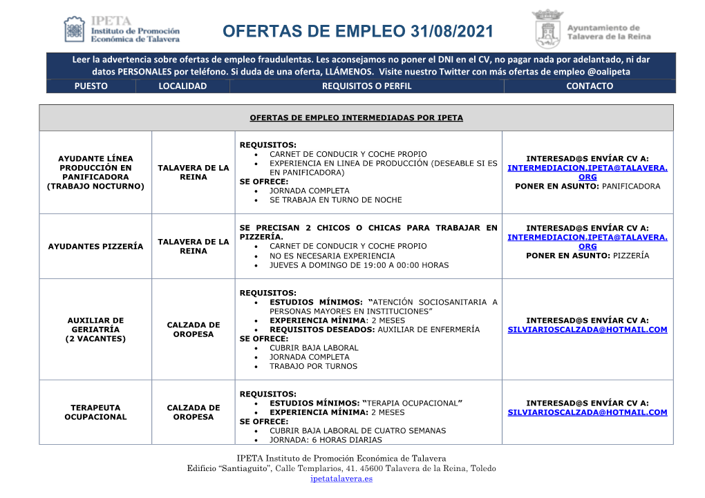 Ofertas De Empleo 31/08/2021