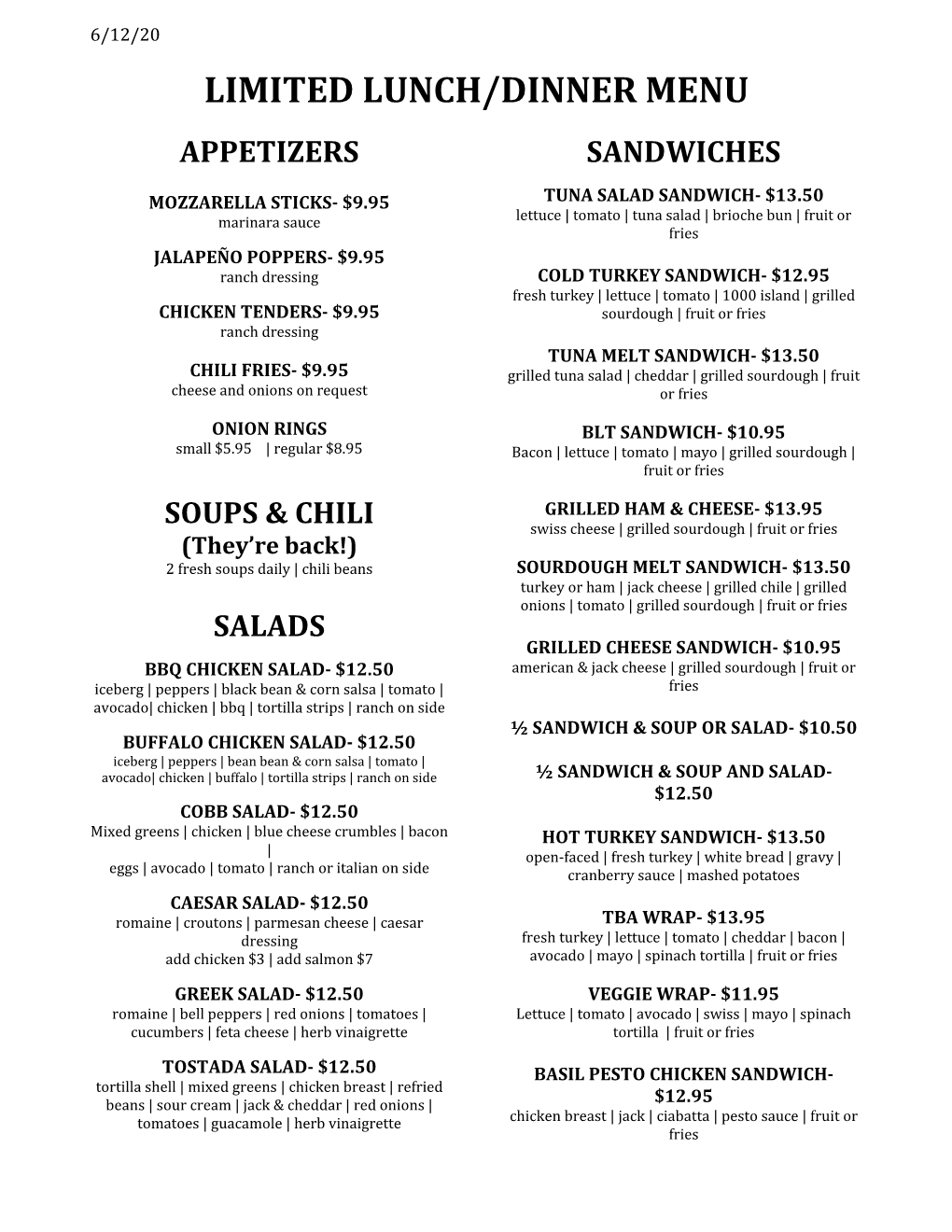 Limited Lunch/Dinner Menu