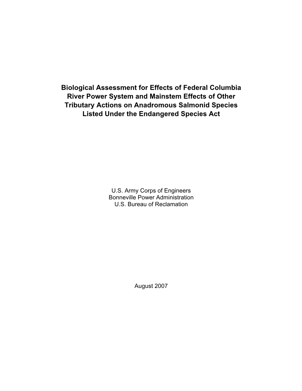 Biological Assessment for Effects of Federal Columbia River Power