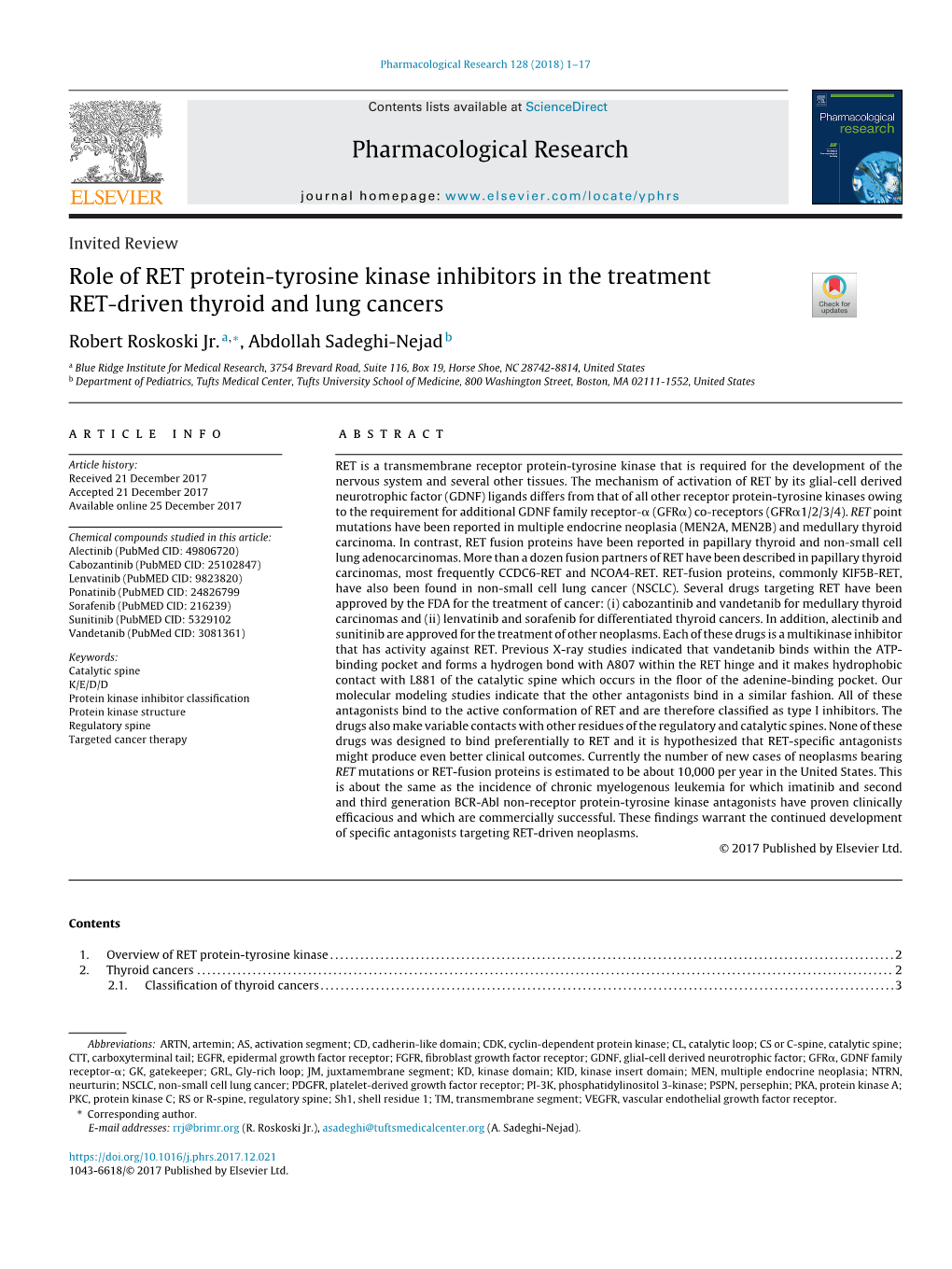 Pharmacological Research Role of RET Protein-Tyrosine Kinase