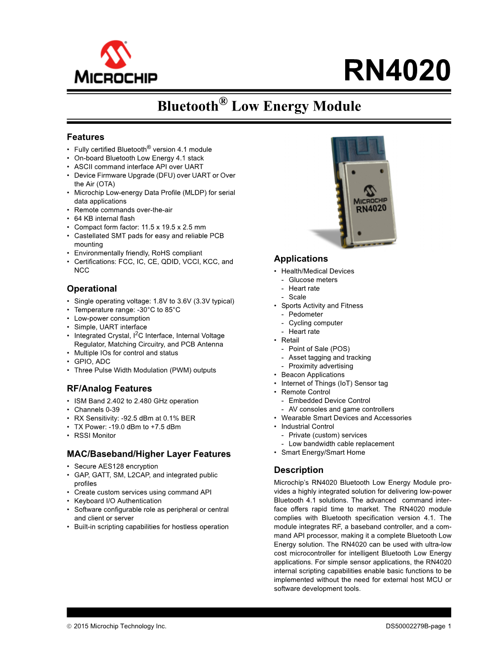 RN4020 Bluetooth Low Energy Module Data Sheet