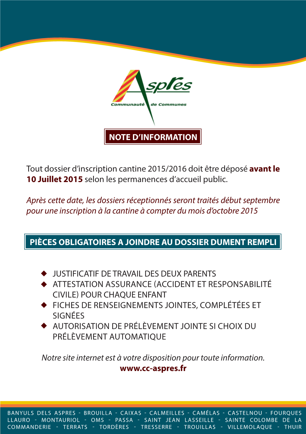 NOTE D'information Tout Dossier D'inscription Cantine 2015/2016 Doit Être Déposé Avant Le 10 Juillet 2015 Selon Les Perma