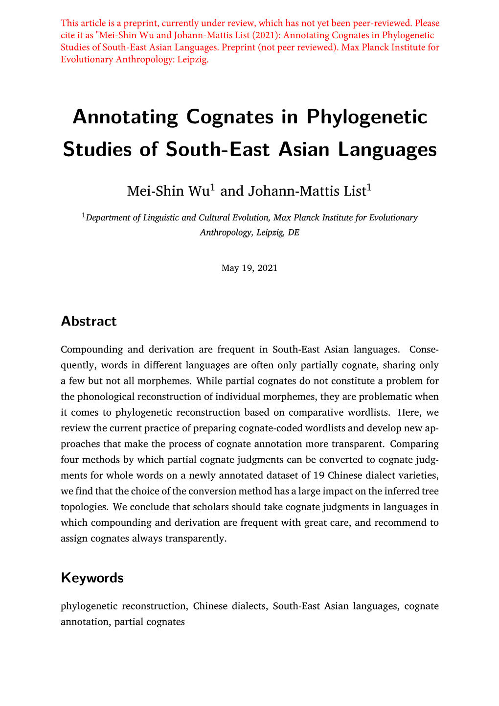 Annotating Cognates in Phylogenetic Studies of South-East Asian Languages