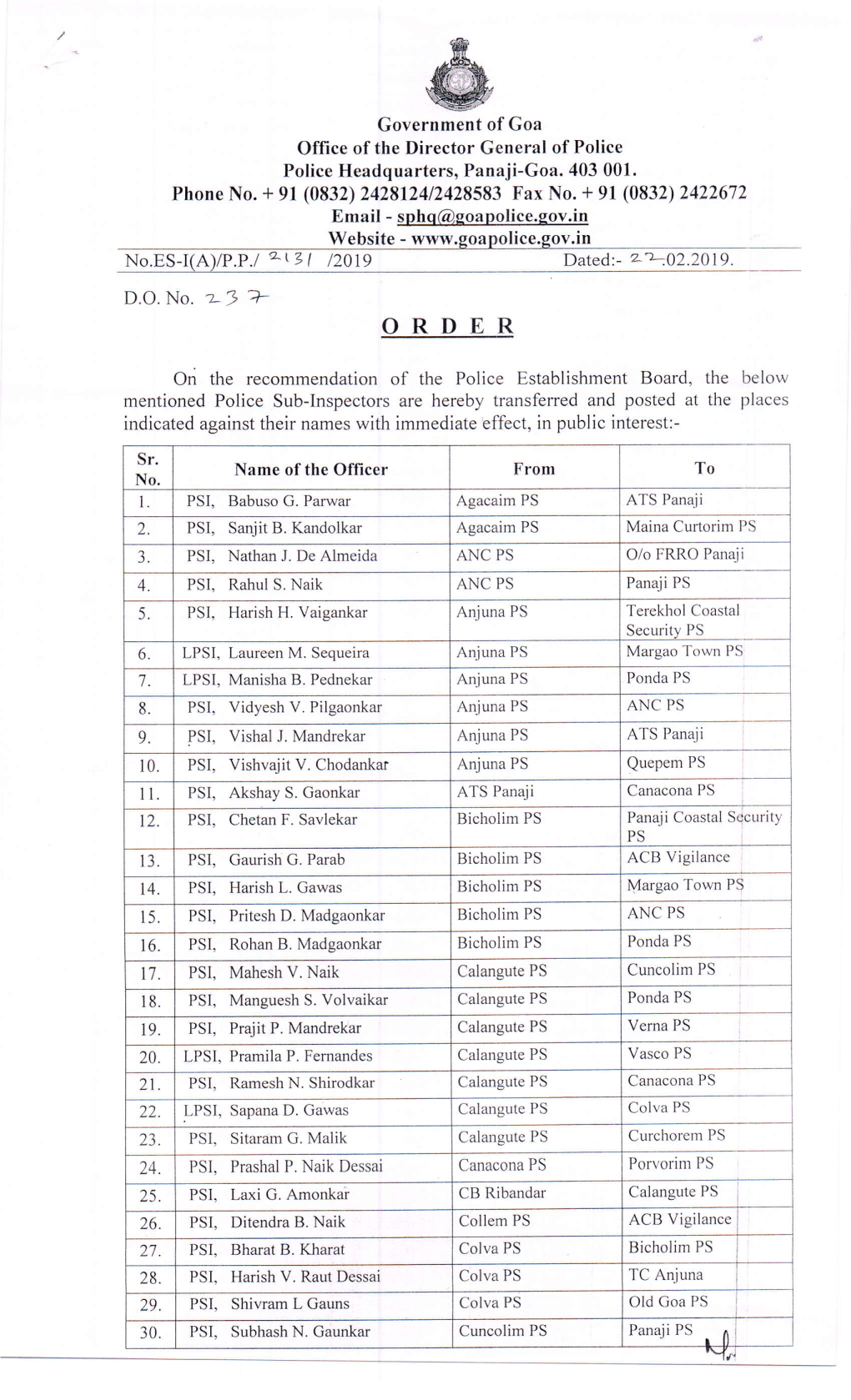 Goa Police Transfer Order of PSI's 22Feb2019