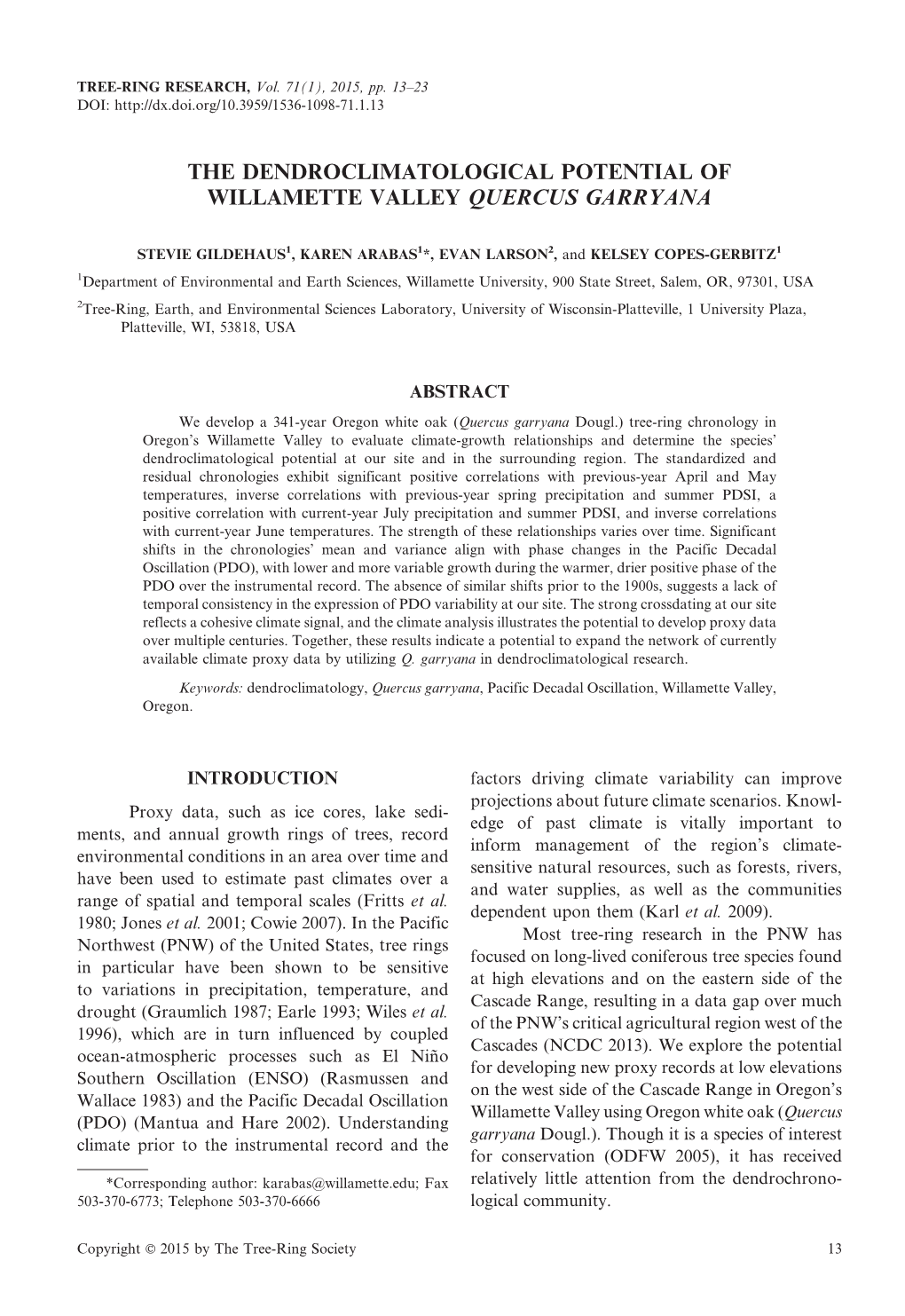 The Dendroclimatological Potential of Willamette Valley Quercus Garryana