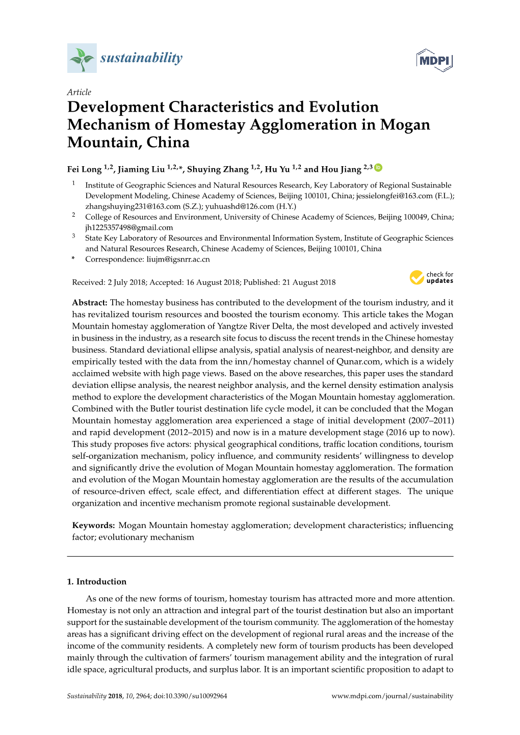 Development Characteristics and Evolution Mechanism of Homestay Agglomeration in Mogan Mountain, China
