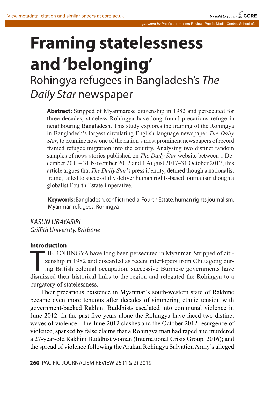 Framing Statelessness and ‘Belonging’ Rohingya Refugees in Bangladesh’S the Daily Star Newspaper