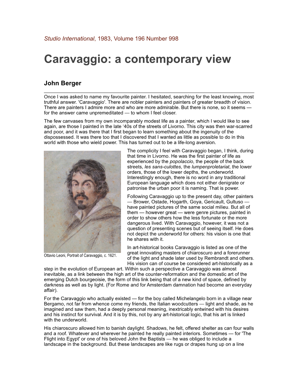 Caravaggio: a Contemporary View