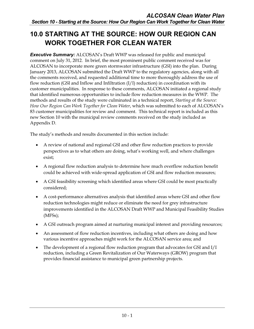 Starting at the Source: How Our Region Can Work Together for Clean Water 10.0 STARTING at the SOURCE: HOW OUR REGION CAN WORK TOGETHER for CLEAN WATER