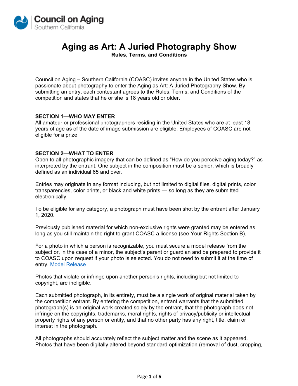 Aging As Art: a Juried Photography Show Rules, Terms, and Conditions