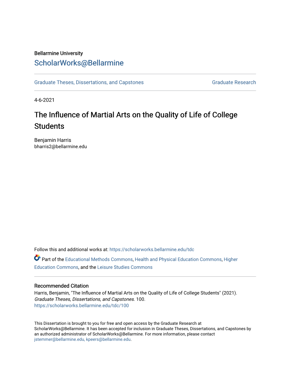 The Influence of Martial Arts on the Quality of Life of College Students