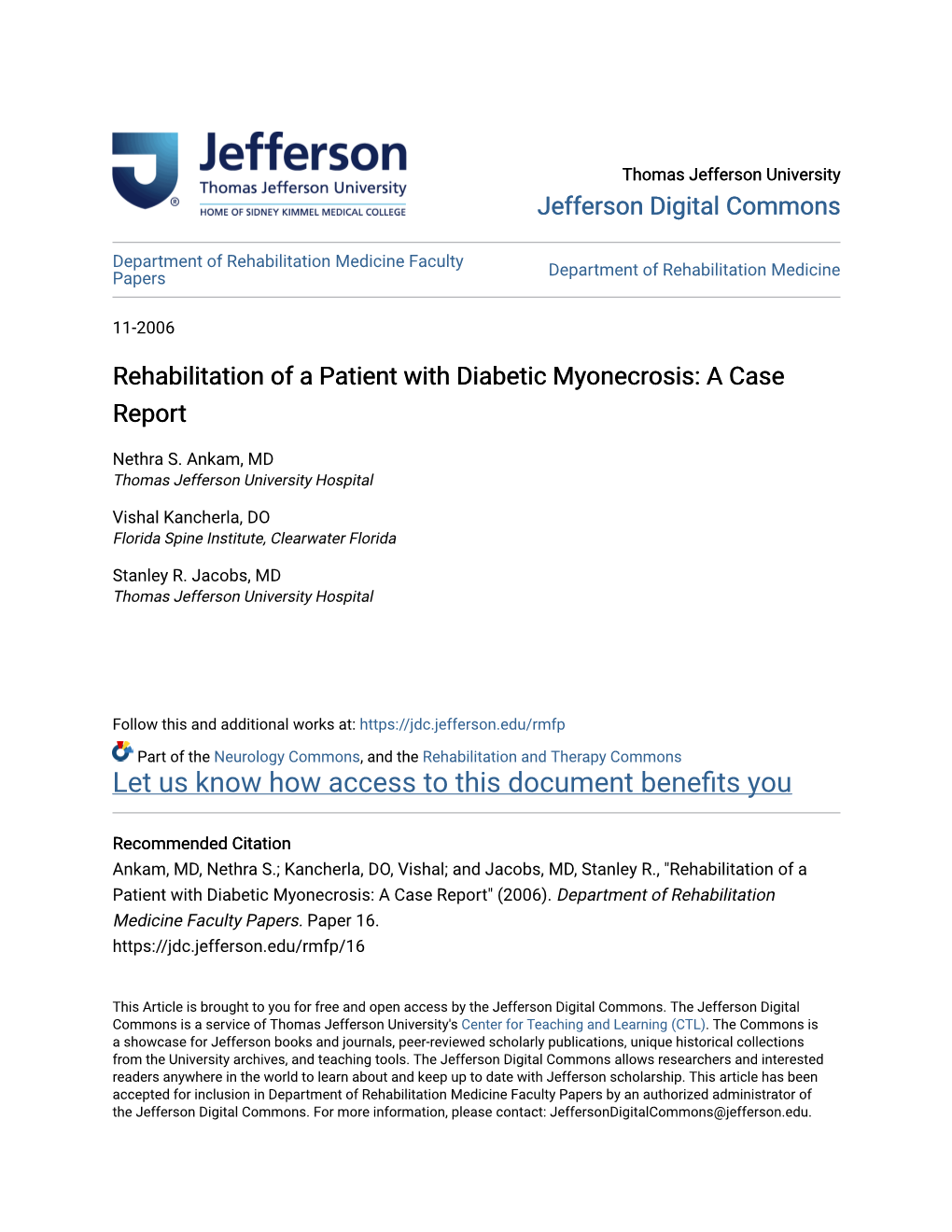 Rehabilitation of a Patient with Diabetic Myonecrosis: a Case Report