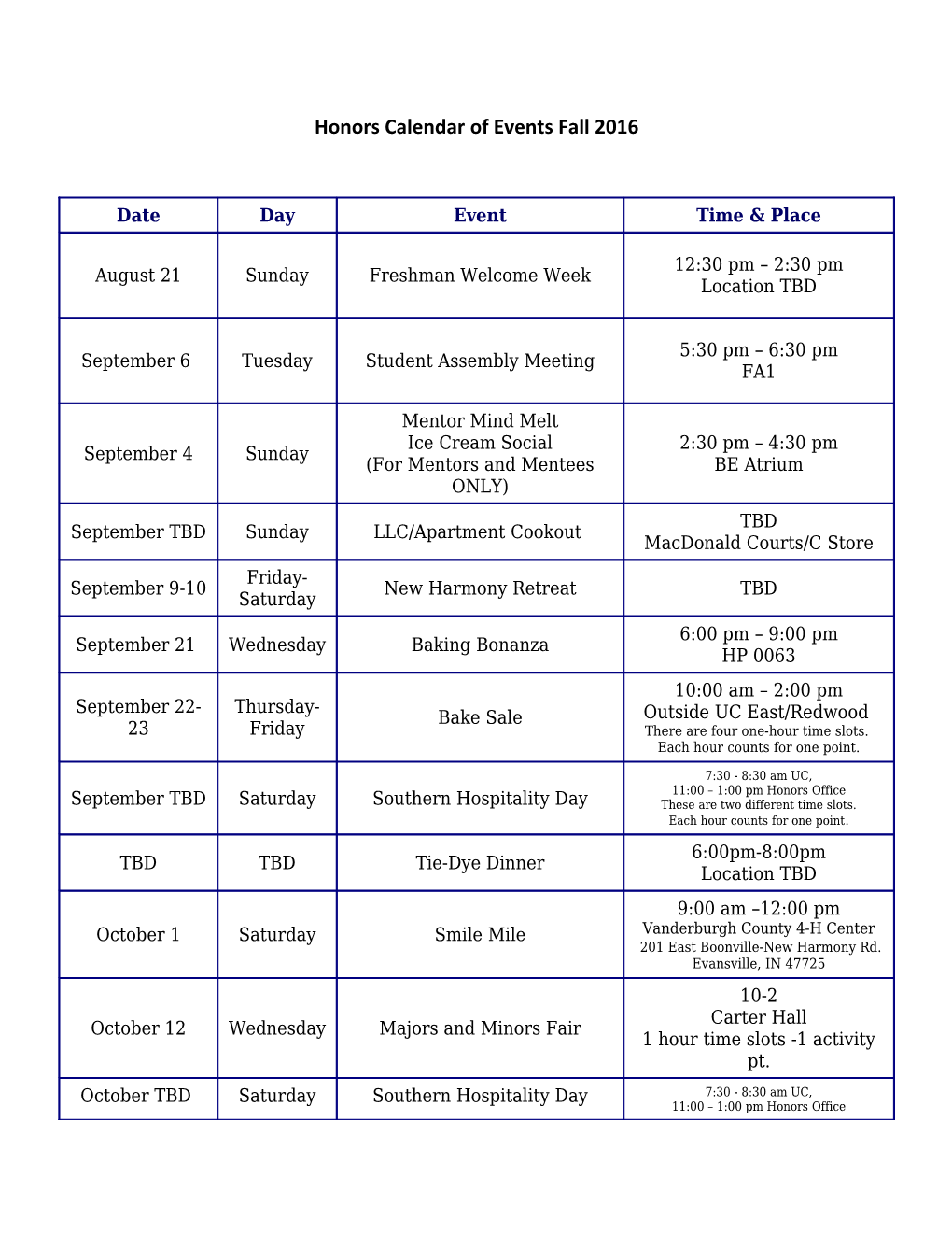 Honors Calendar of Events Fall 2016