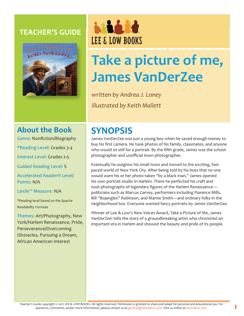 Take a Picture of Me, James Vanderzee! TEACHER’S GUIDE