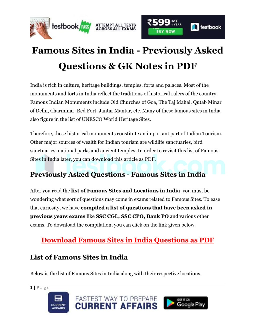 Famous Sites in India - Previously Asked Questions & GK Notes in PDF