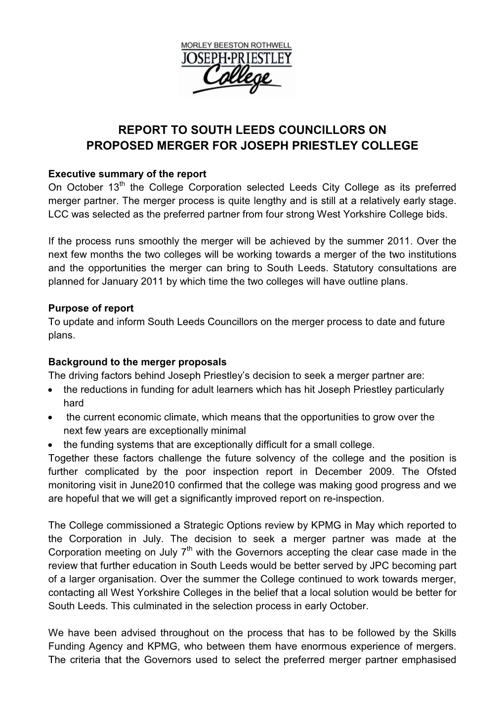 Report to South Leeds Councillors on Proposed Merger for Joseph Priestley College