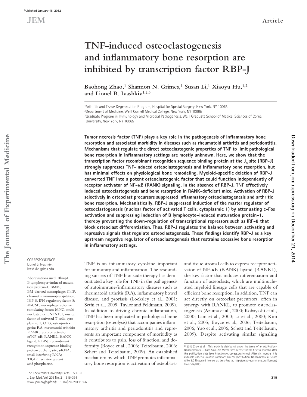 TNF-Induced Osteoclastogenesis and Inflammatory Bone Resorption Are Inhibited by Transcription Factor RBP-J