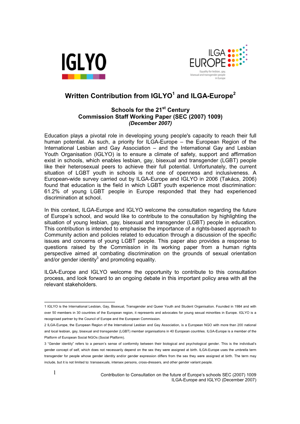 ILGA-Europe IGLYO Written Contribution to Consultation On