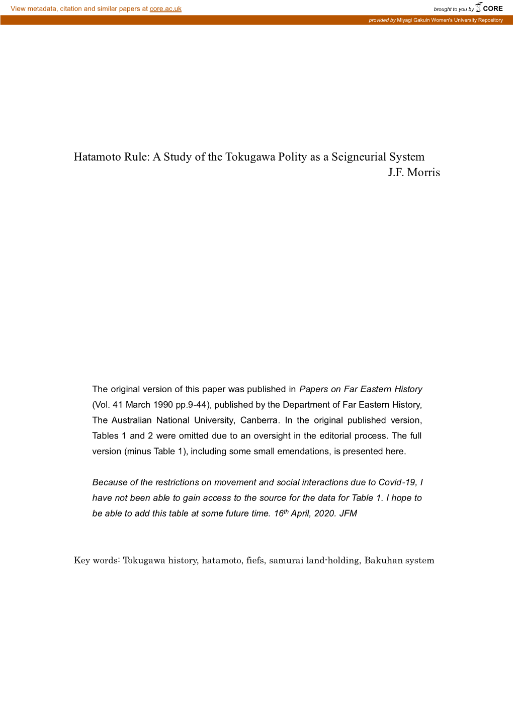 A Study of the Tokugawa Polity As a Seigneurial System JF Morris