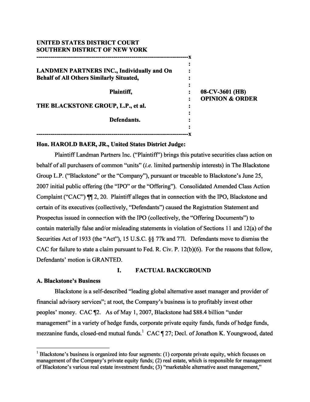 Landmen Partners Inc., Et Al. V. the Blackstone Group L.P., Et Al. 08-CV-03601-Opinion & Order