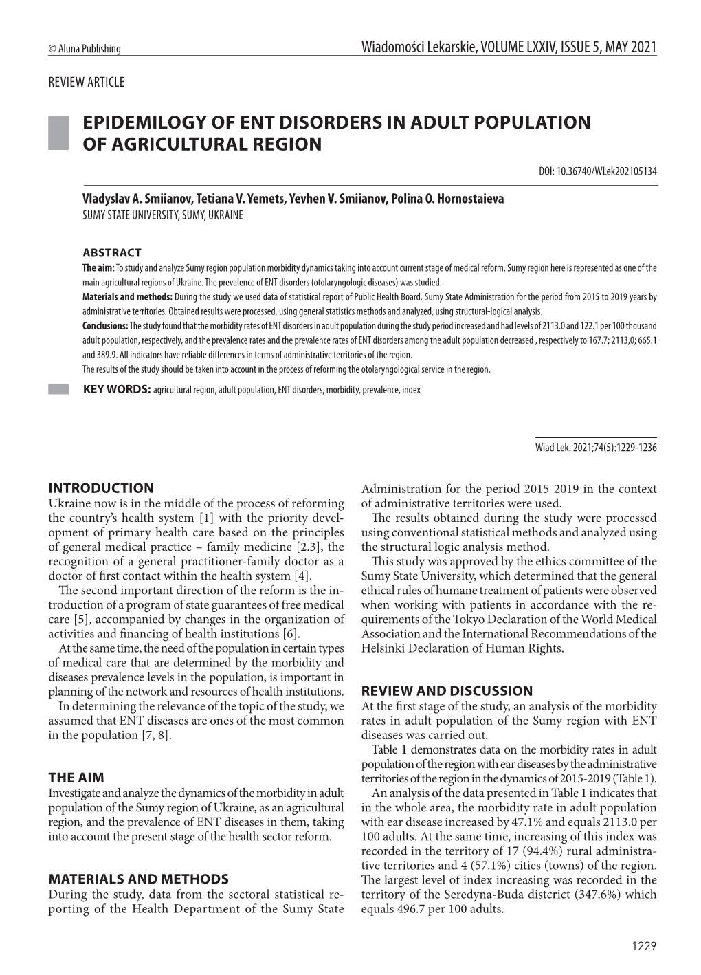 EPIDEMILOGY of ENT DISORDERS in ADULT POPULATION of AGRICULTURAL REGION DOI: 10.36740/Wlek202105134